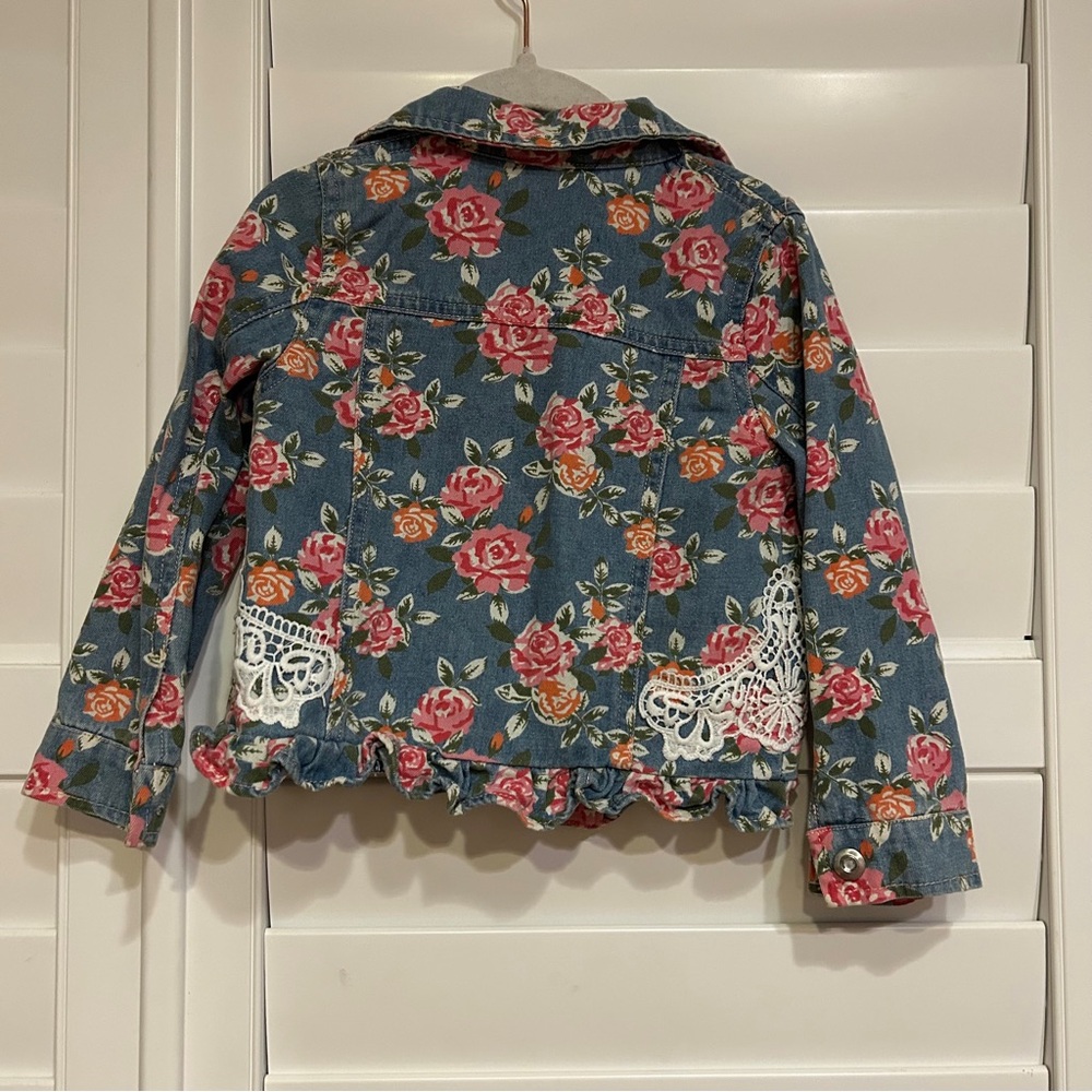 Little Lass Floral Print Lace Embellished Denim Jacket Blue Multi 3T